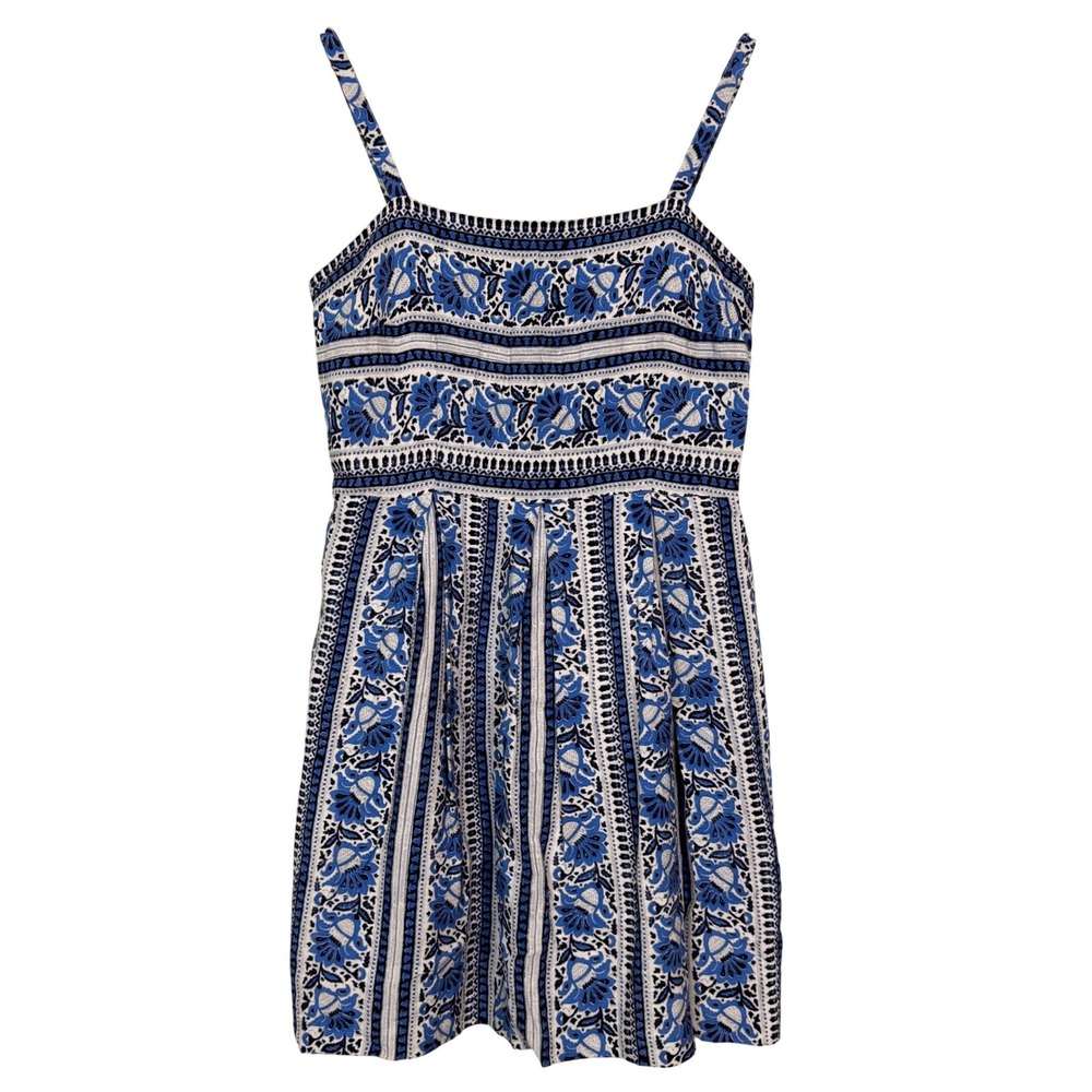 Ann Taylor LOFT Blue White Floral Block Print Pleated Mini Dress Size 4